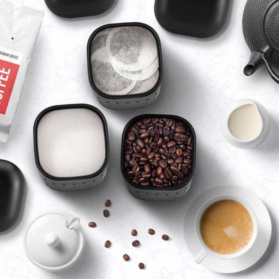 EHC Set of 3 Tea, Coffee & Sugar Metal Jars With Curved Lid, Black