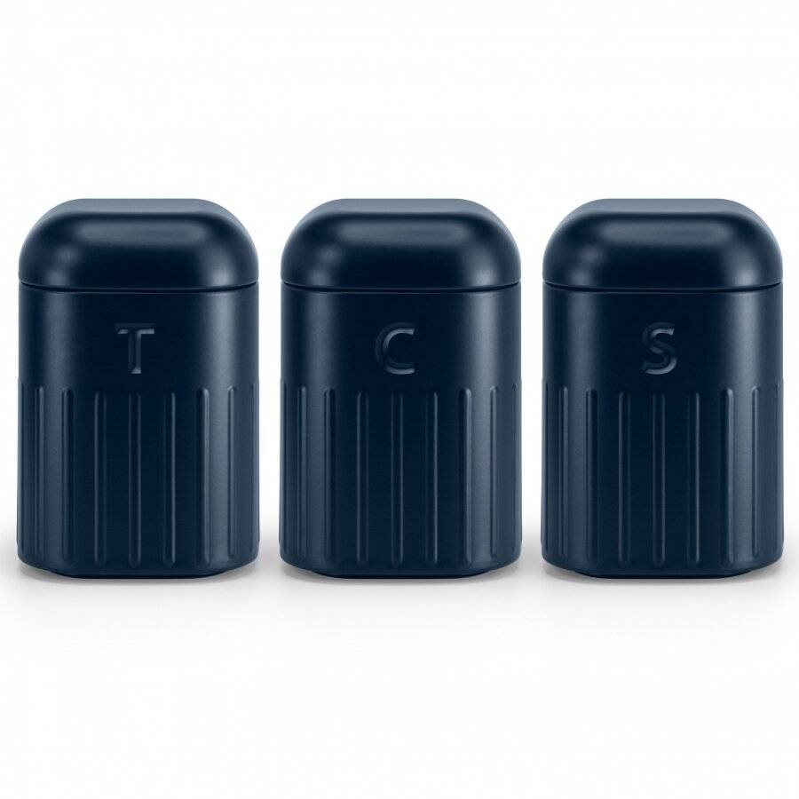 EHC Set of 3 Tea, Coffee & Sugar Metal Jars With Curved Lid, Navy Blue