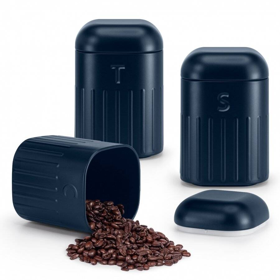 EHC Set of 3 Tea, Coffee & Sugar Metal Jars With Curved Lid, Navy Blue