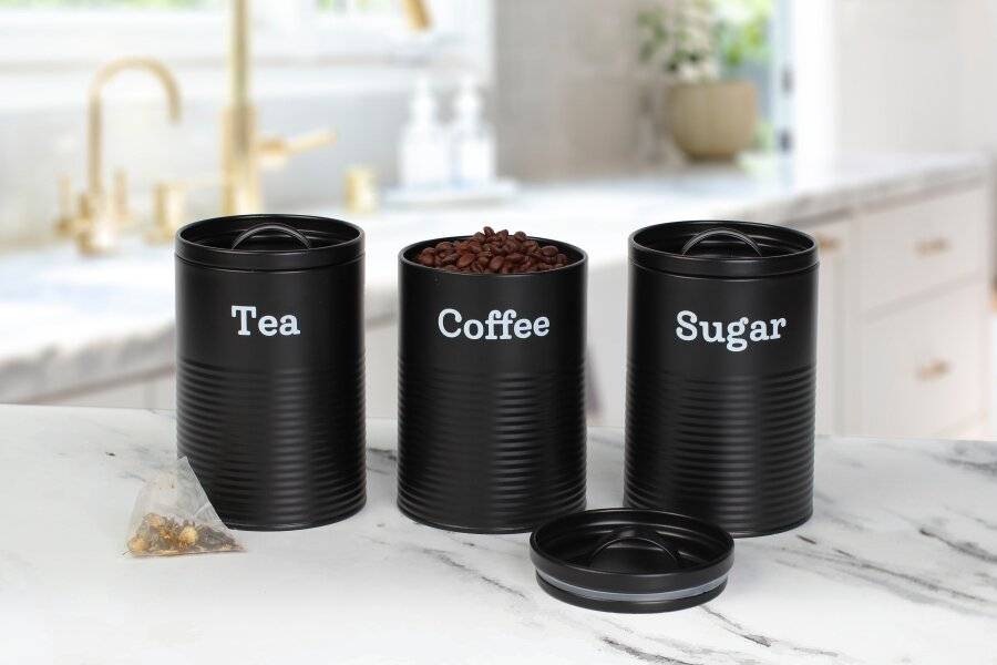 EHC Set of 3 Tea, Coffee & Sugar Storage Canisters With Lid, Black