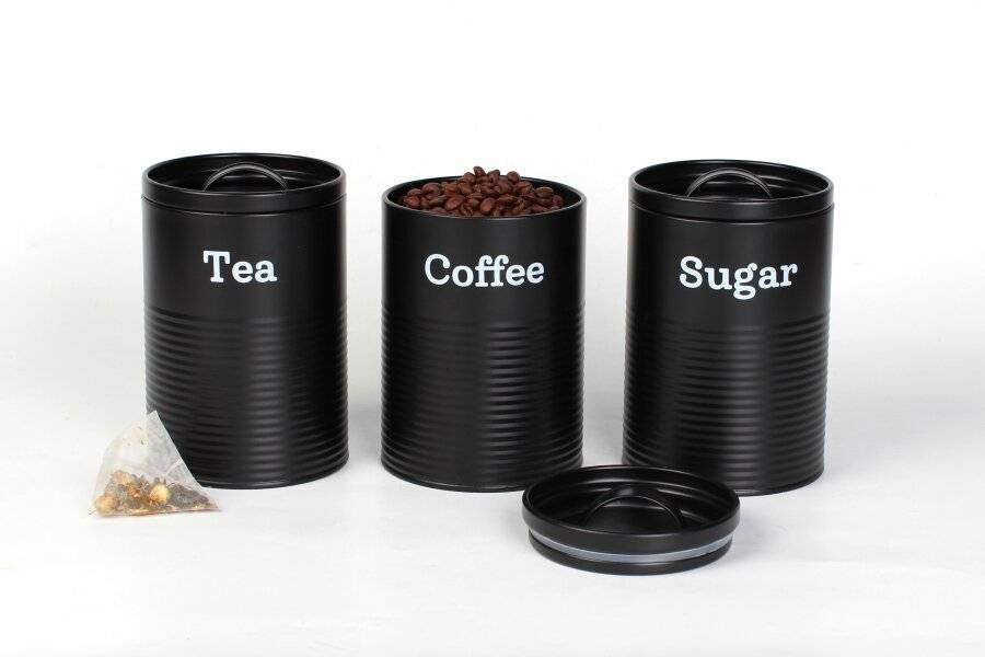 EHC Set of 3 Tea, Coffee & Sugar Storage Canisters With Lid, Black