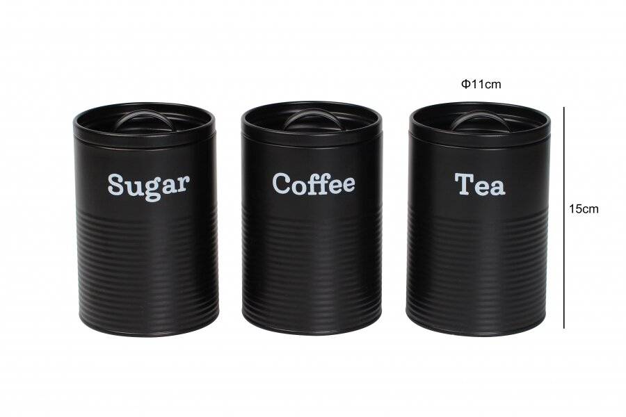 EHC Set of 3 Tea, Coffee & Sugar Storage Canisters With Lid, Black