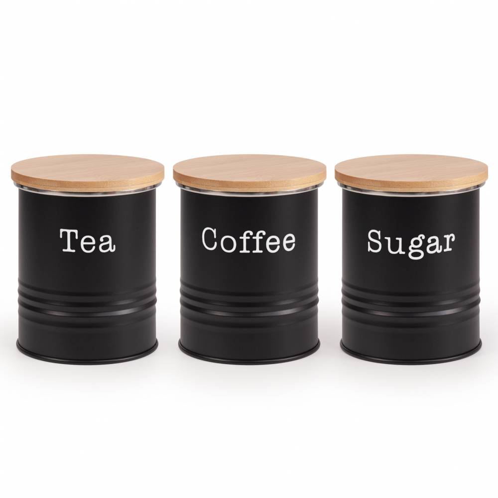 EHC Set of 3 Tea, Coffee & Sugar Storage Canisters With Lid, Black