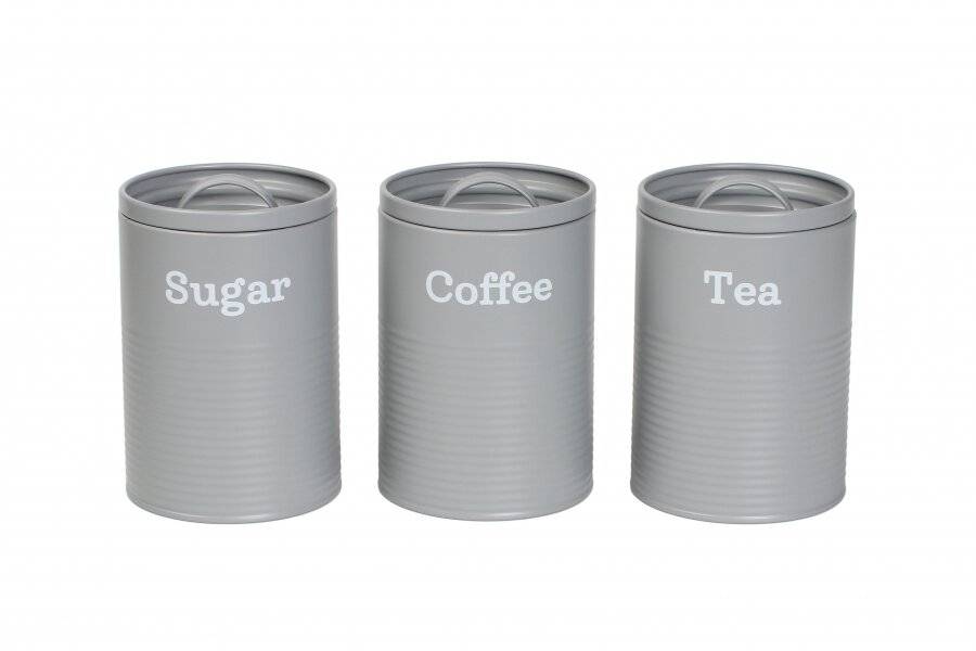 EHC Set of 3 Tea, Coffee & Sugar Storage Canisters With Lid, Grey