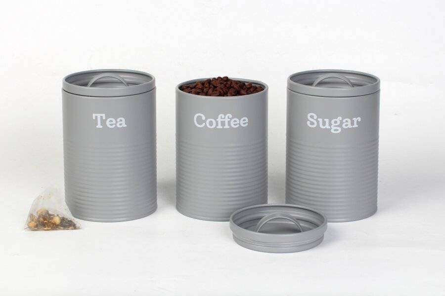 EHC Set of 3 Tea, Coffee & Sugar Storage Canisters With Lid, Grey
