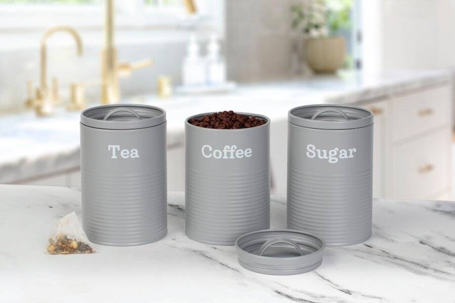 EHC Set of 3 Tea, Coffee & Sugar Storage Canisters With Lid, Grey