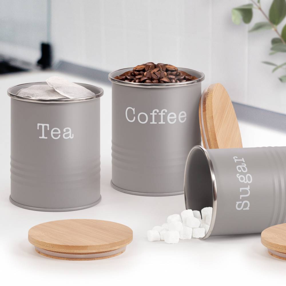 EHC Set of 3 Tea, Coffee & Sugar Storage Canisters With Lid, Grey