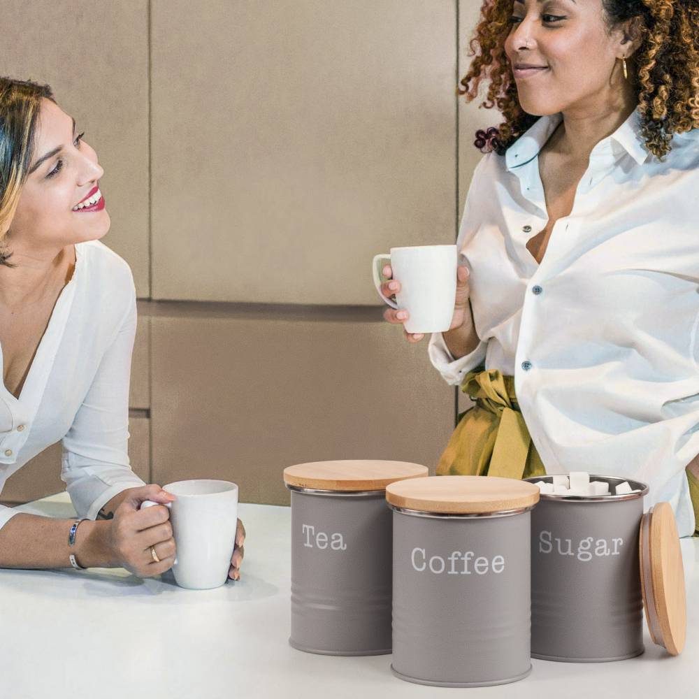 EHC Set of 3 Tea, Coffee & Sugar Storage Canisters With Lid, Grey