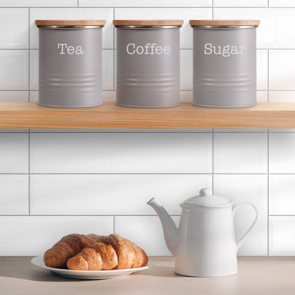 EHC Set of 3 Tea, Coffee & Sugar Storage Canisters With Lid, Grey