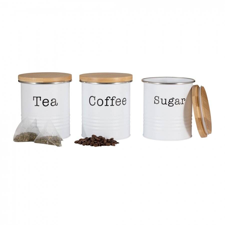 EHC Set of 3 Tea, Coffee & Sugar Storage Canisters With Lid, White