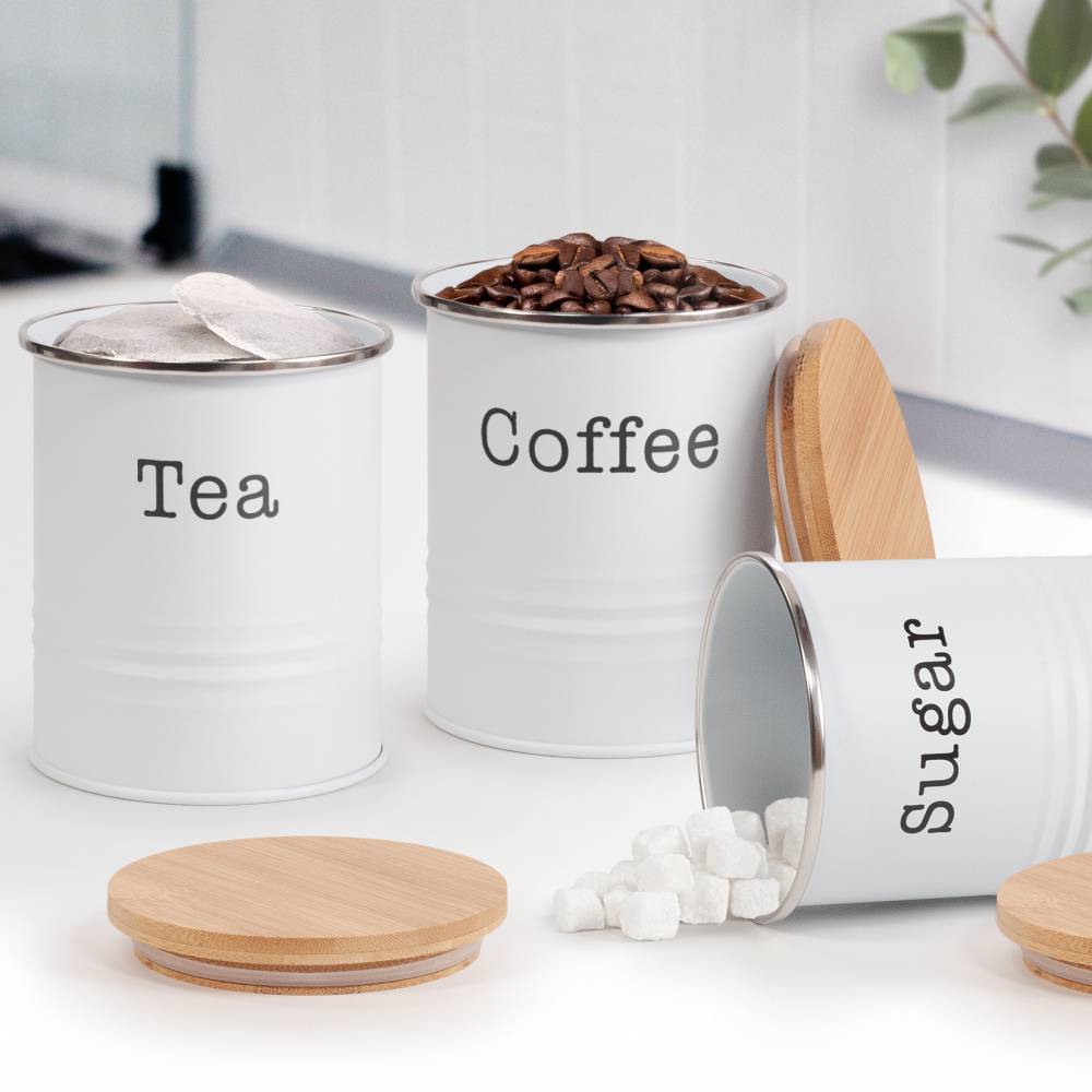 EHC Set of 3 Tea, Coffee & Sugar Storage Canisters With Lid, White