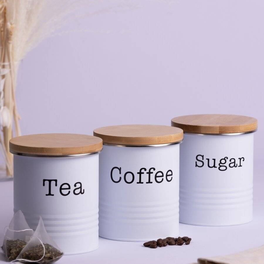 EHC Set of 3 Tea, Coffee & Sugar Storage Canisters With Lid, White
