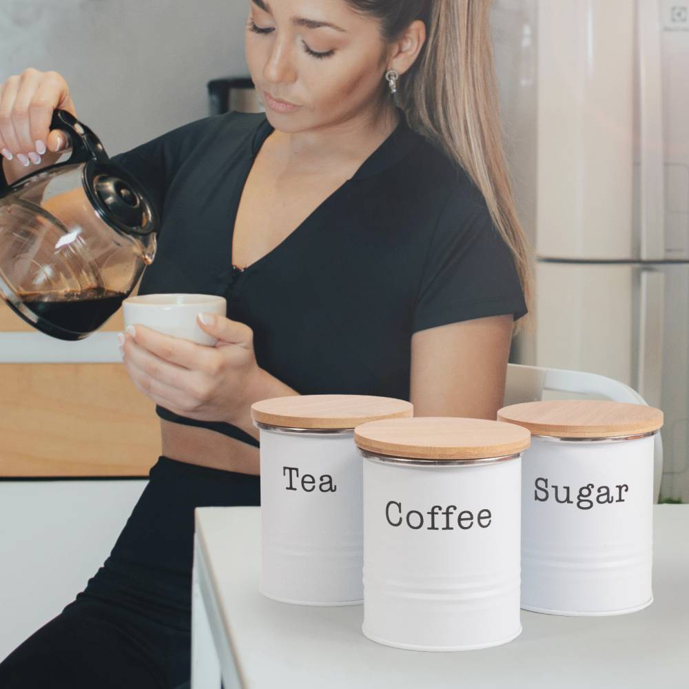 EHC Set of 3 Tea, Coffee & Sugar Storage Canisters With Lid, White
