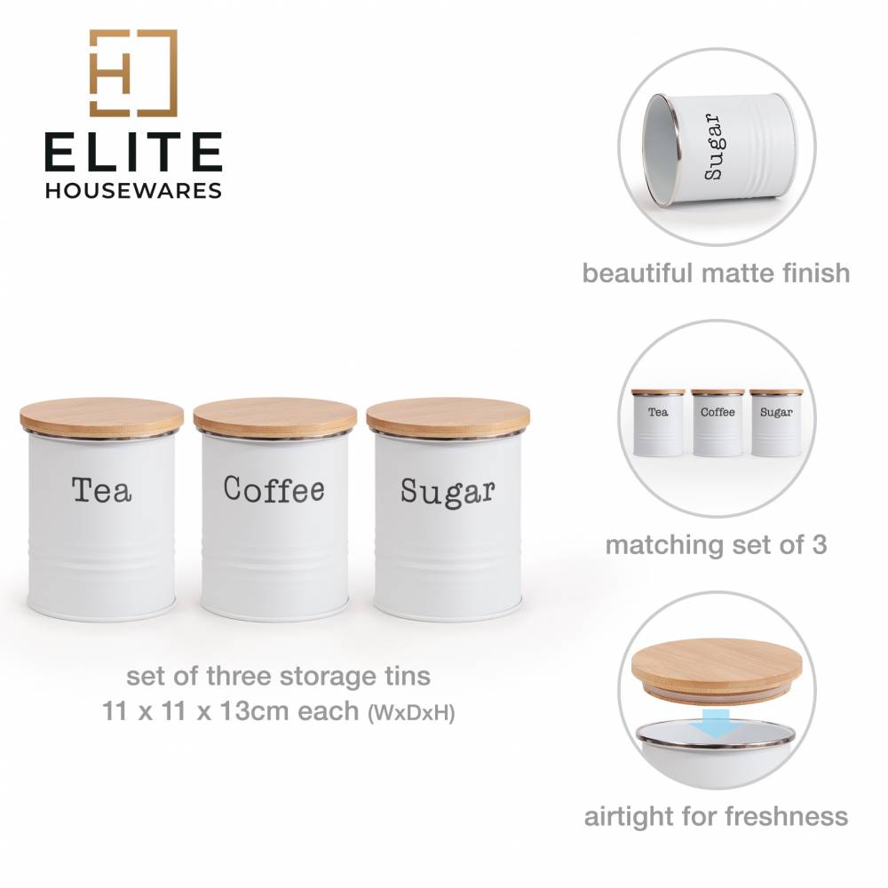 EHC Set of 3 Tea, Coffee & Sugar Storage Canisters With Lid, White