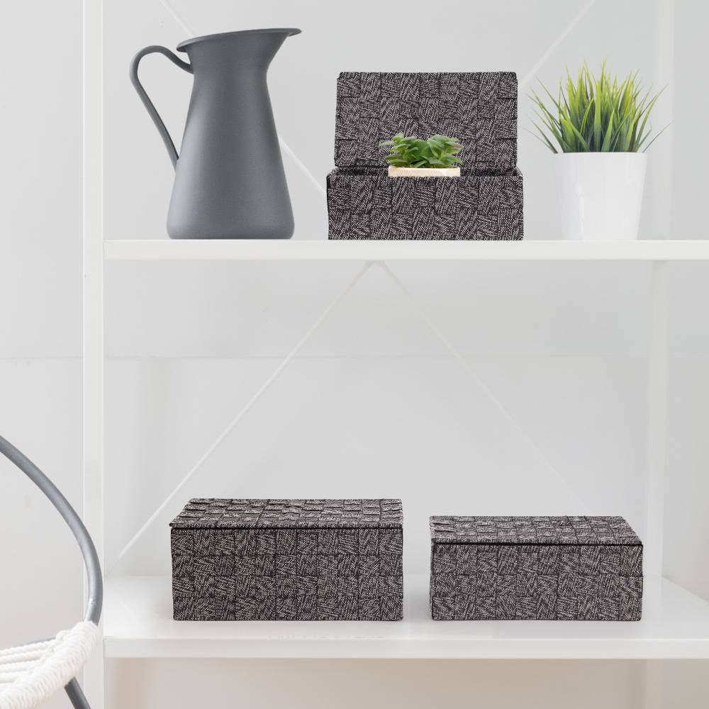 EHC Set of 3 Woven Shelf Storage Hamper Basket With Lid - Black