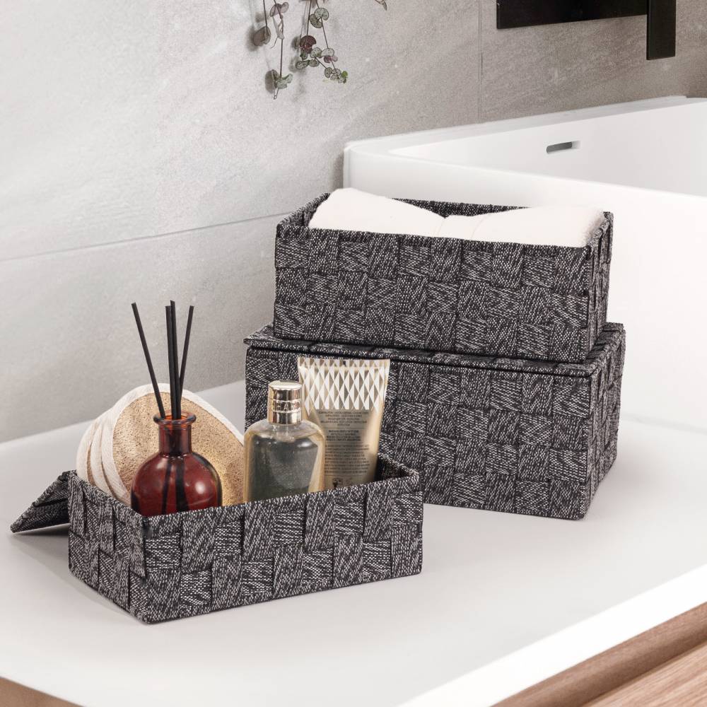 EHC Set of 3 Woven Shelf Storage Hamper Basket With Lid - Black