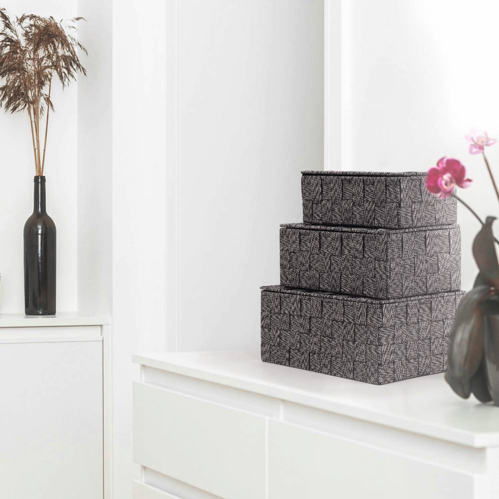 EHC Set of 3 Woven Shelf Storage Hamper Basket With Lid - Black