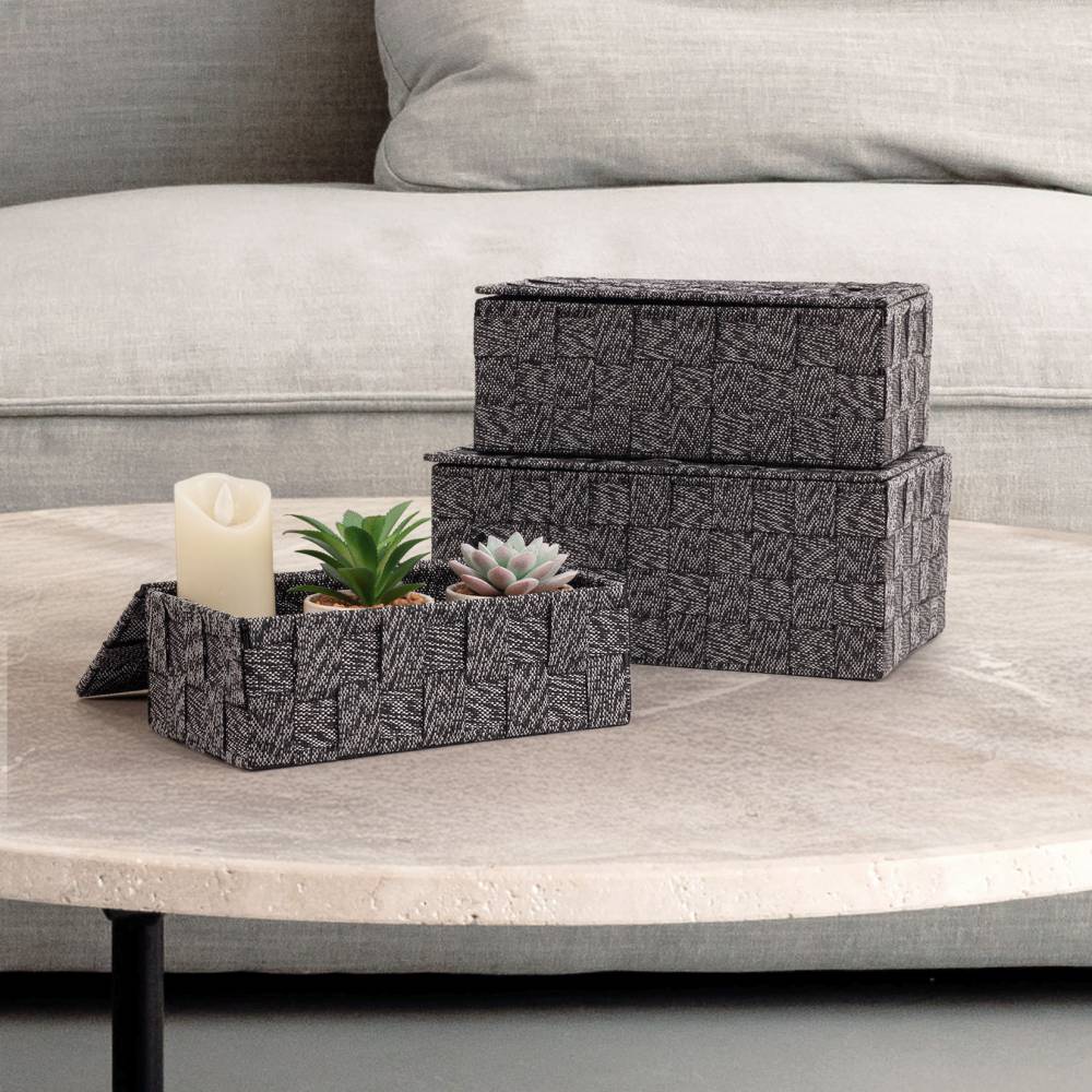 EHC Set of 3 Woven Shelf Storage Hamper Basket With Lid - Black