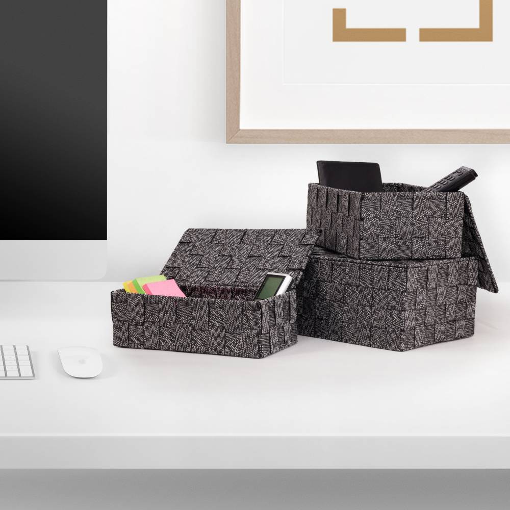 EHC Set of 3 Woven Shelf Storage Hamper Basket With Lid - Black