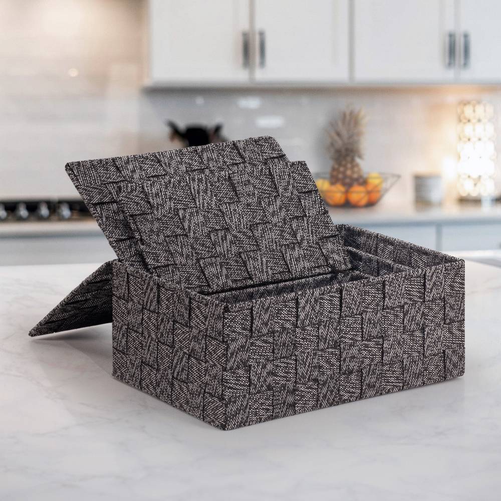 EHC Set of 3 Woven Shelf Storage Hamper Basket With Lid - Black