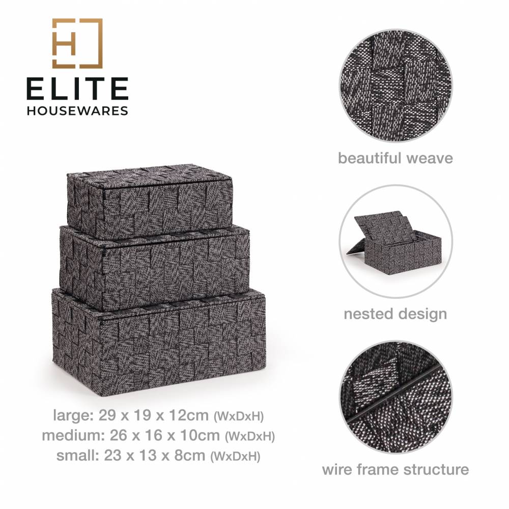 EHC Set of 3 Woven Shelf Storage Hamper Basket With Lid - Black