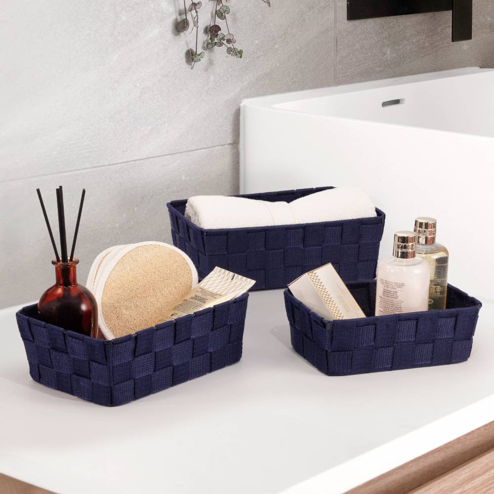 EHC Set of 3 Woven Shelf Storage Hamper Basket With Lid - Blue
