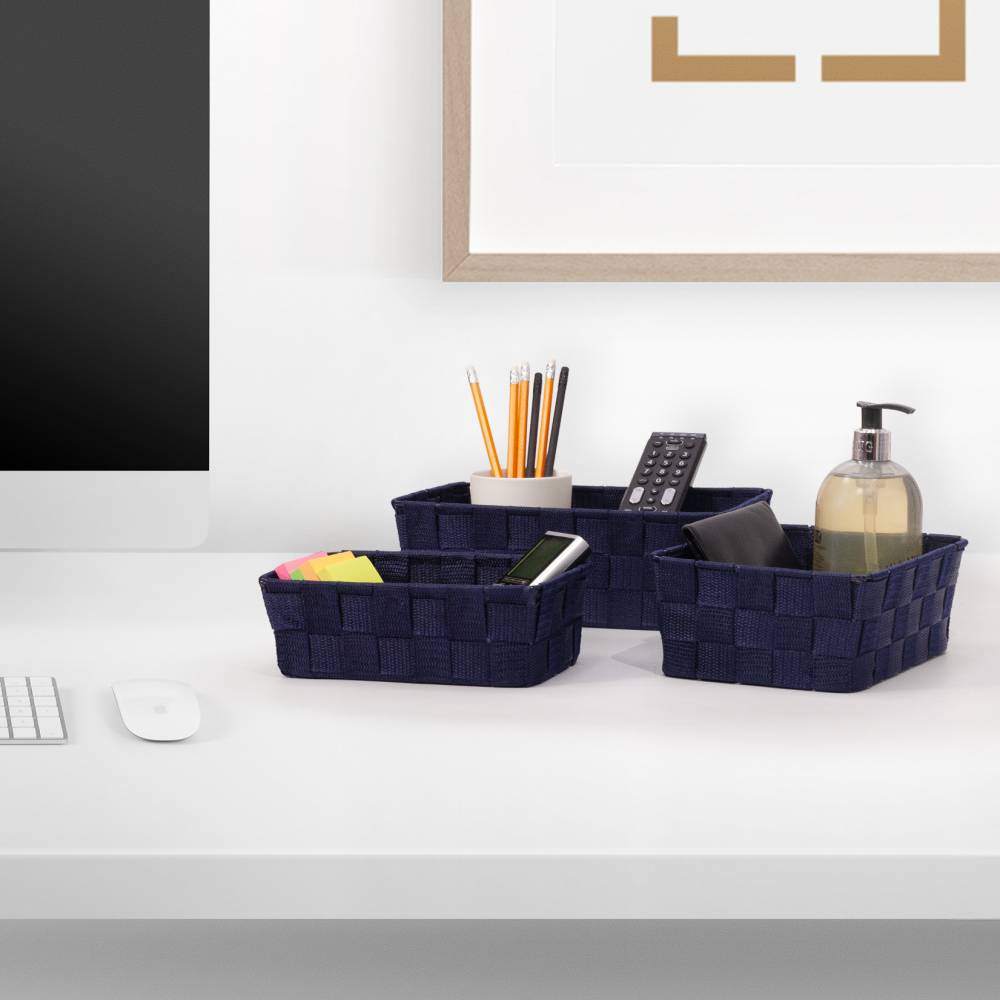 EHC Set of 3 Woven Shelf Storage Hamper Basket With Lid - Blue