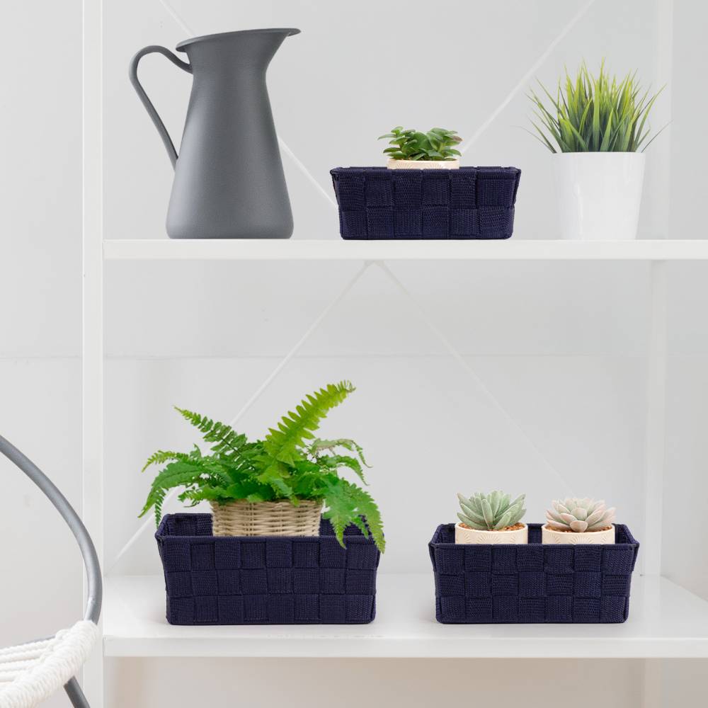 EHC Set of 3 Woven Shelf Storage Hamper Basket With Lid - Blue
