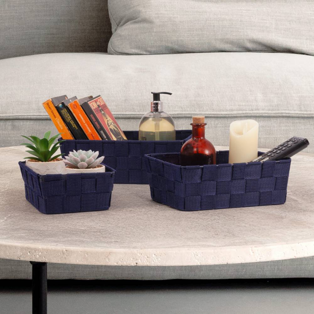EHC Set of 3 Woven Shelf Storage Hamper Basket With Lid - Blue