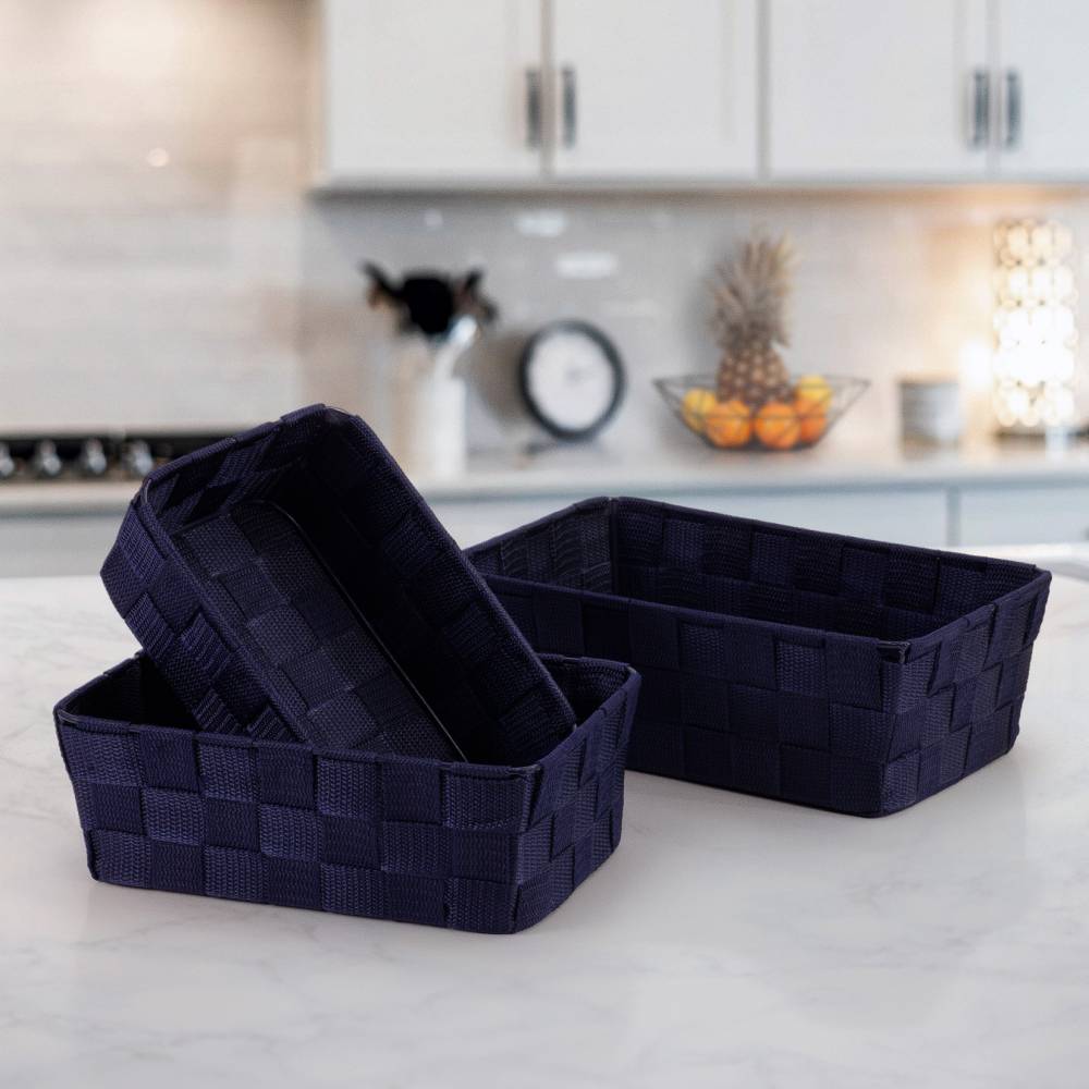 EHC Set of 3 Woven Shelf Storage Hamper Basket With Lid - Blue