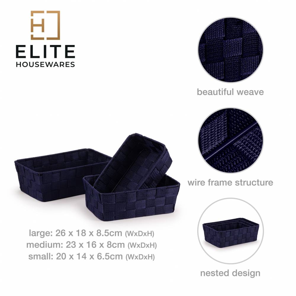EHC Set of 3 Woven Shelf Storage Hamper Basket With Lid - Blue
