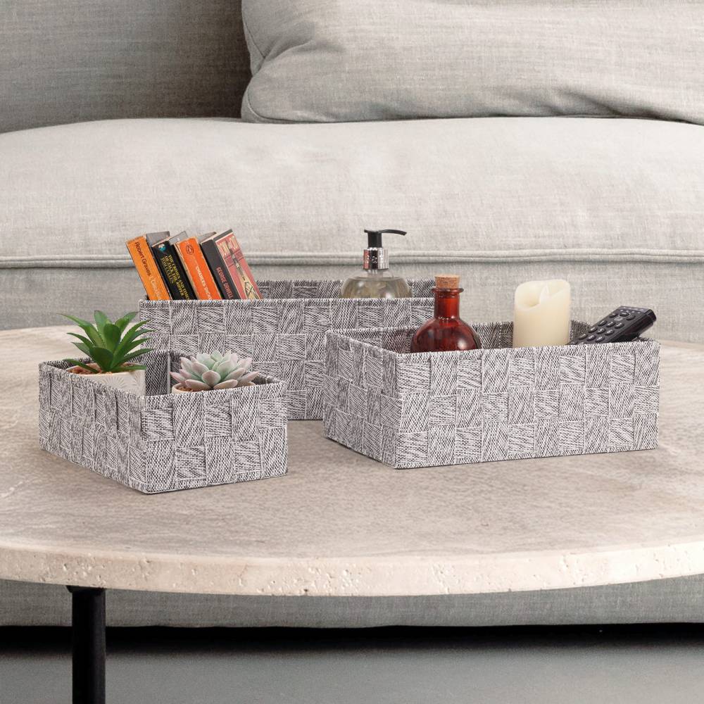 EHC Set of 3 Woven Shelf Storage Hamper Basket With Lid - Grey