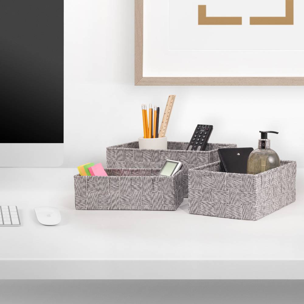 EHC Set of 3 Woven Shelf Storage Hamper Basket With Lid - Grey