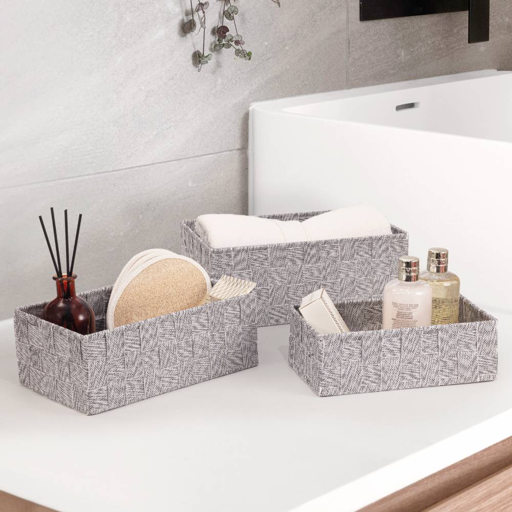 EHC Set of 3 Woven Shelf Storage Hamper Basket With Lid - Grey