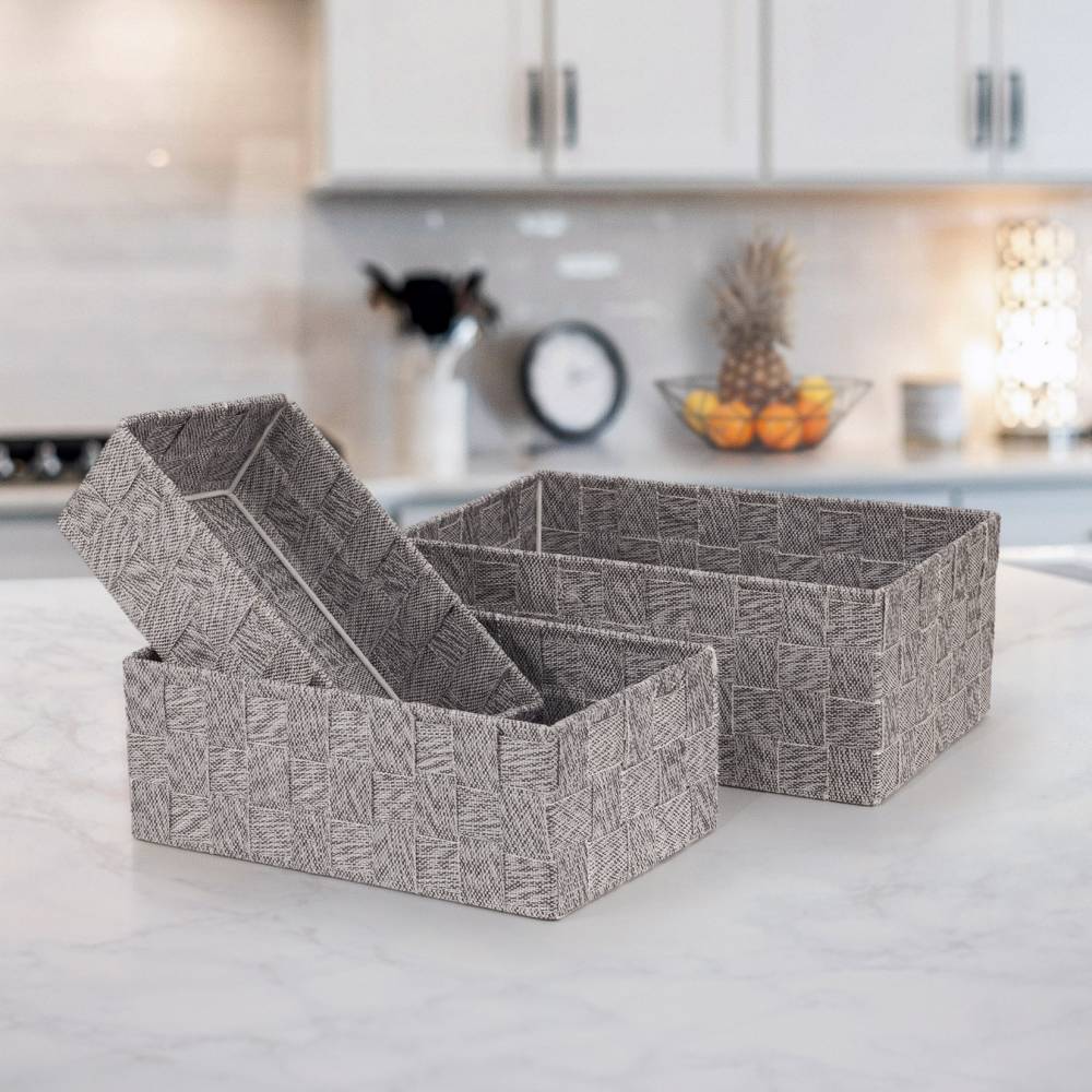 EHC Set of 3 Woven Shelf Storage Hamper Basket With Lid - Grey