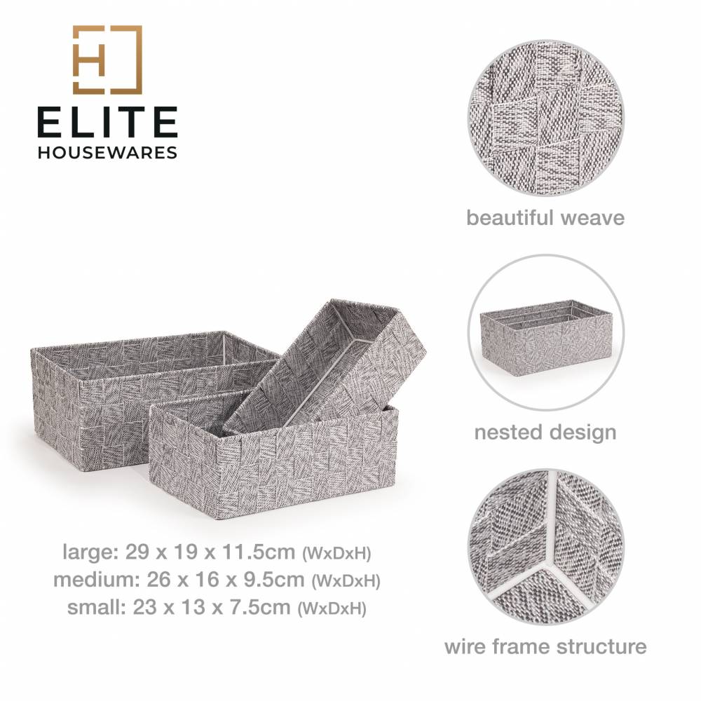 EHC Set of 3 Woven Shelf Storage Hamper Basket With Lid - Grey