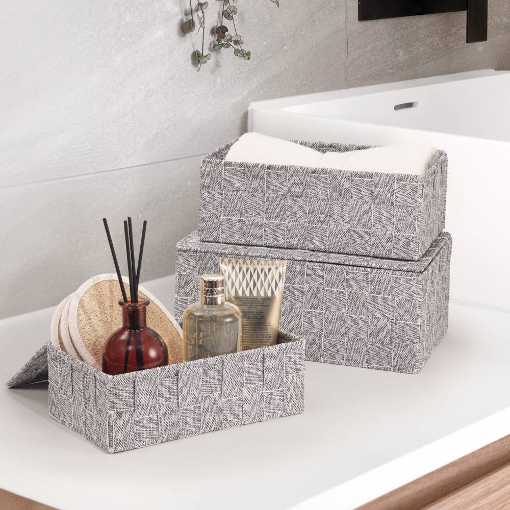 EHC Set of 3 Woven Shelf Storage Hamper Basket With Lid - Grey