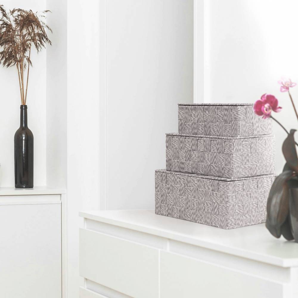 EHC Set of 3 Woven Shelf Storage Hamper Basket With Lid - Grey