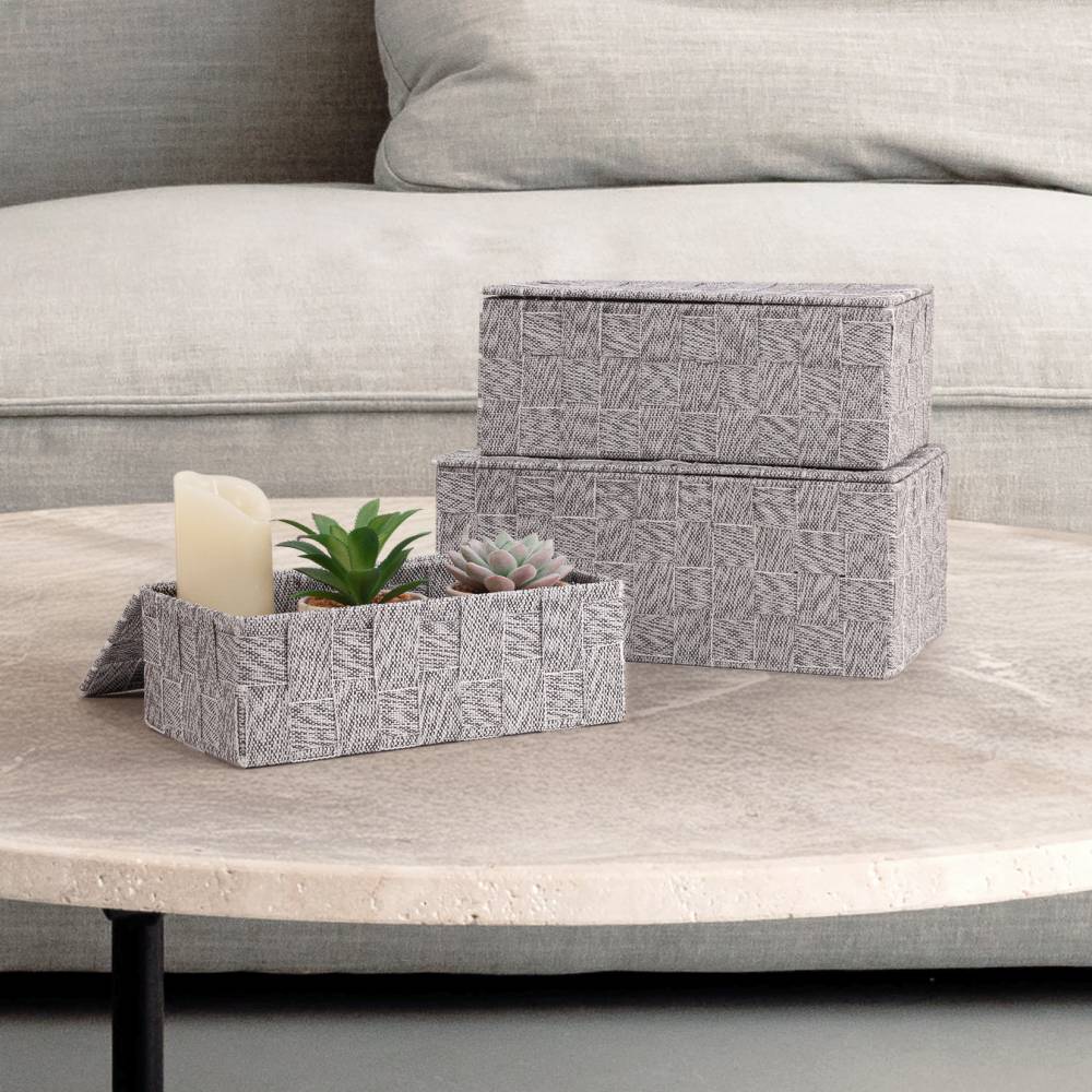 EHC Set of 3 Woven Shelf Storage Hamper Basket With Lid - Grey