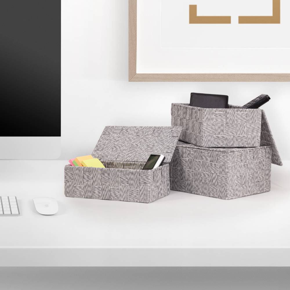 EHC Set of 3 Woven Shelf Storage Hamper Basket With Lid - Grey