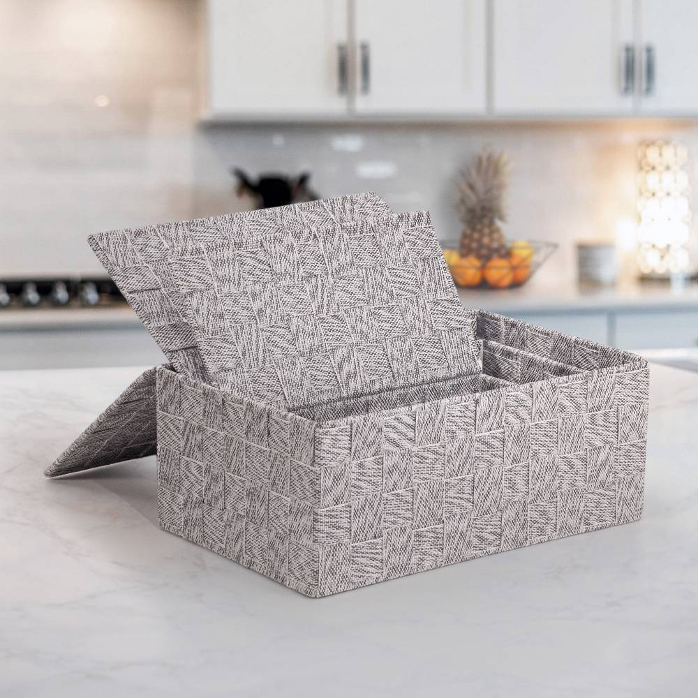 EHC Set of 3 Woven Shelf Storage Hamper Basket With Lid - Grey