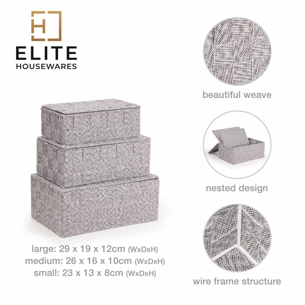 EHC Set of 3 Woven Shelf Storage Hamper Basket With Lid - Grey