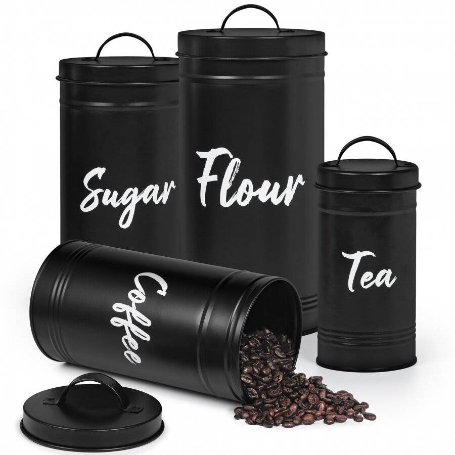 EHC Set of 4 Airtight Flour, Tea, Coffee, and Sugar Canisters, Black