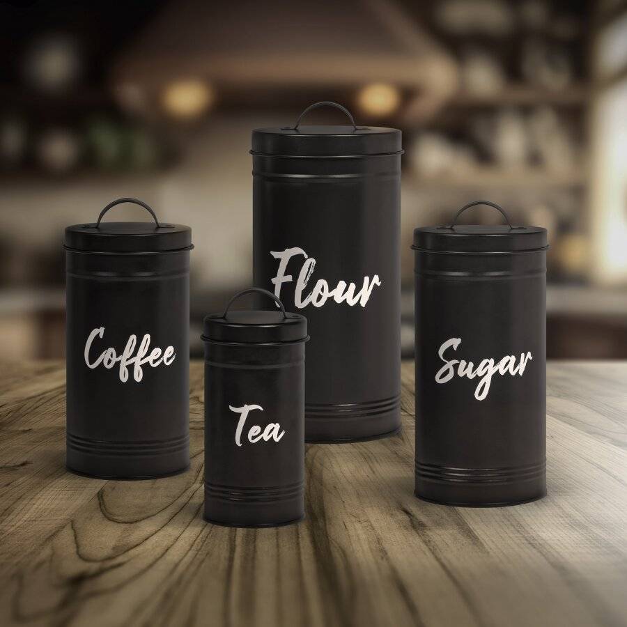 EHC Set of 4 Airtight Flour, Tea, Coffee, and Sugar Canisters, Black