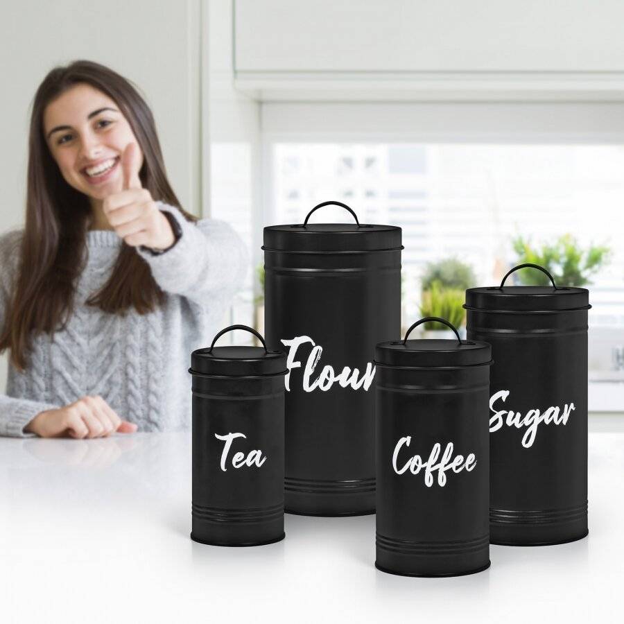 EHC Set of 4 Airtight Flour, Tea, Coffee, and Sugar Canisters, Black