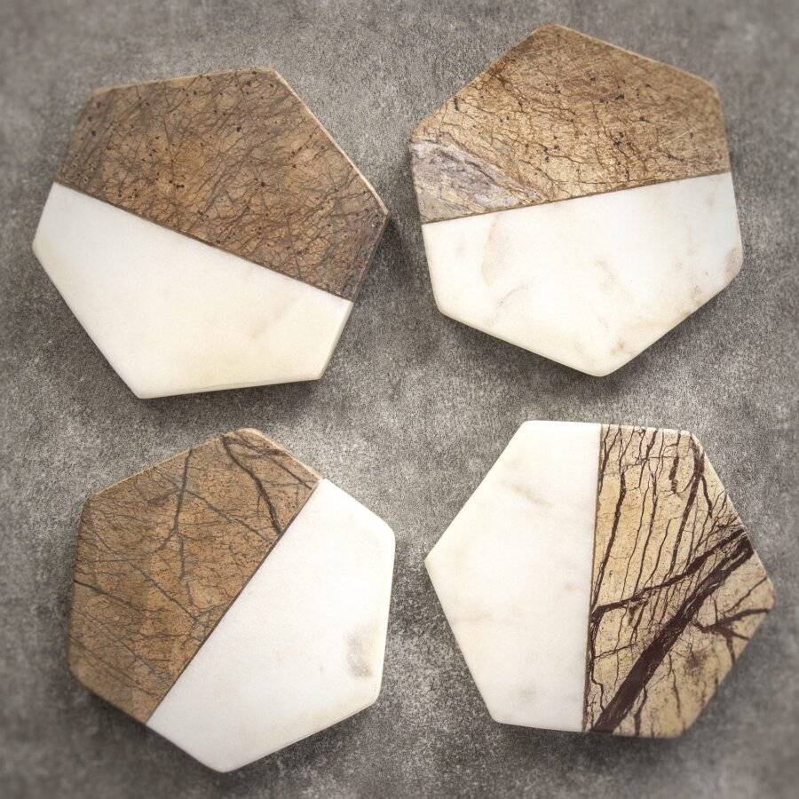 EHC Set of 4 Hexagon Brown & Cream Marble Coasters For Home & Kitchen