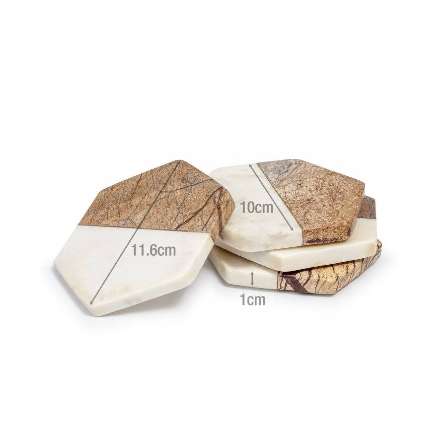 EHC Set of 4 Hexagon Brown & Cream Marble Coasters For Home & Kitchen