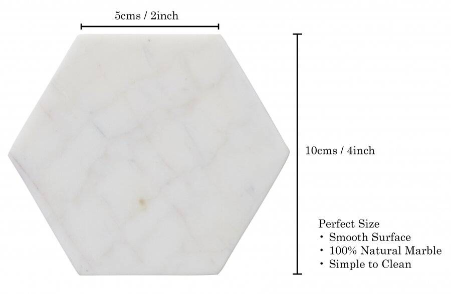 EHC Set of 4  Hexagon White Marble Coasters For Home & Kitchen Use