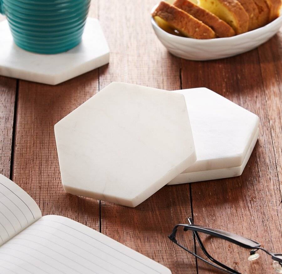 EHC Set of 4  Hexagon White Marble Coasters For Home & Kitchen Use