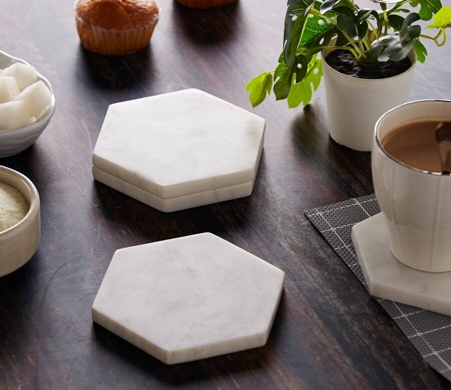 EHC Set of 4  Hexagon White Marble Coasters For Home & Kitchen Use